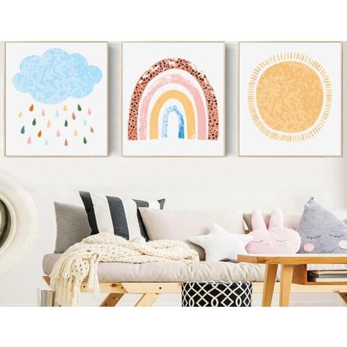 Nursery Rainbow Wall Art Colourful Canvas Painting Cartoon Sun Cloud Abstract Point Line Poster for Baby Kids Room Home Decor
