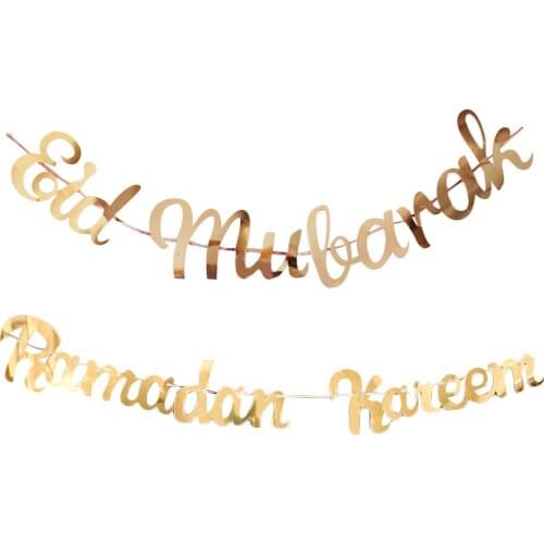 EID Mubarak Ramadan Gold Glitter Banner Bunting Conjoined Gold Sequins Kareem Muslim Festival Golden Banner Bunting DIY Decor