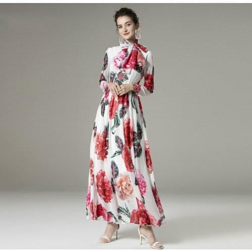Elegant Lady Spring Charming Rose Print Long Maxi Chiffon Dress Runway Fashion Women Bohemian Party Robe Femme Vacation Vestido