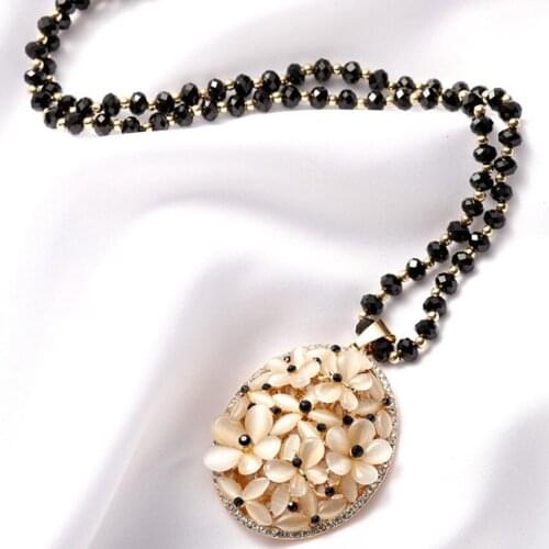 FYJS Unique Light Yellow Gold Color Layer Flower Cat Eye Stone Pendant Long Beads Chain Necklace Fashion Jewelry