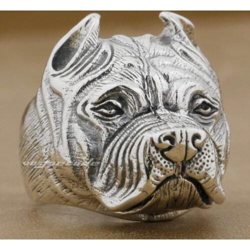 Pitbull Pit Bull Dog Ring 925 Sterling Silver Mens Biker Rocker Punk Ring 8E010 US Size 7 to 15
