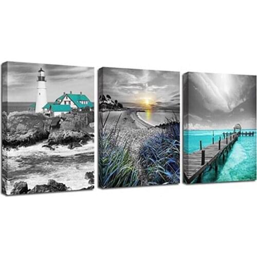 3 Pieces Lighthouse Diy Diamond Painting Sale Modern Green Seascape Mosaic Embroidery 5D Cross Stitch Full Square DrillZP-4519