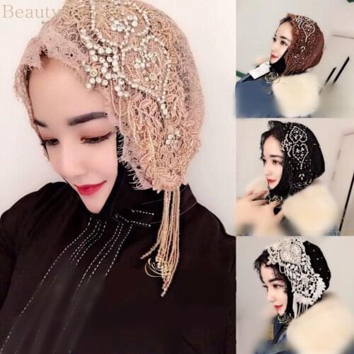 Beauty Fashion Full Lace gauze luxuriant HIJAB with Rhinestone Taseel HIJAB womens girls headwear scarf shawl Headwear Caps