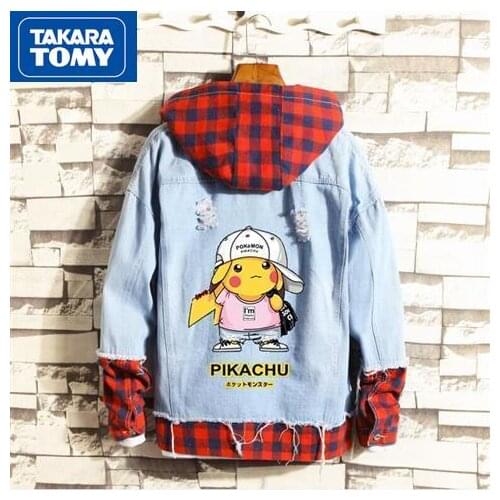 TAKARA TOMY Pokemon mens fashion trend spring and autumn loose and comfortable jacket jacket simple cartoon denim jacket