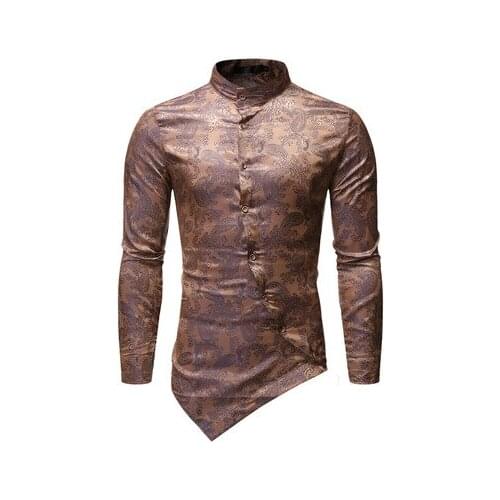 Mens Shirt African Long Sleeves Printed Turtleneck Cotton Blended With Dark Pattern Personality Irregular Hem Fashion Men