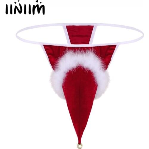 US/UK STOCK Mens Lingerie Gay Panties Velvet Santa Hat Holiday Fancy Cosplay Jockstraps Thongs High Cut Underwear for Christmas