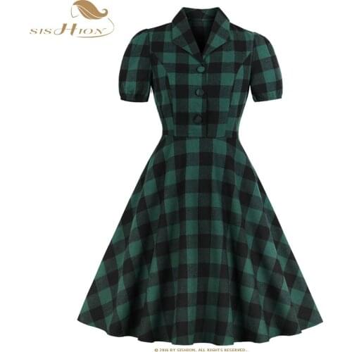SISHION Plaid Dress Short Sleeve Cotton Women Summer Dresses VD1028 Green 50s 60s Vintage Dress robe ete femme