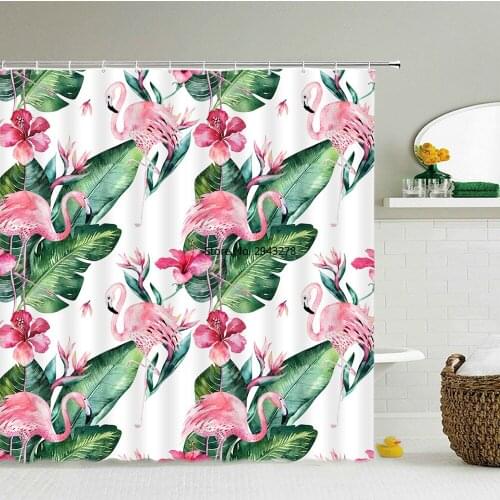Pink Flamingo Flowers Shower Curtains Bathroom Curtain Waterproof Polyester Cloth Bathroom Curtain With Hooks Large Size 240X180