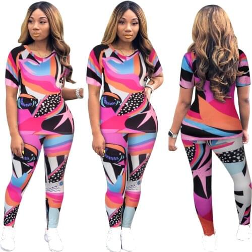 Adogirl Women Geometric Print Casual Tracksuits Tee Tops Pencil Jogger Sweatpants Suits Two Pieces Set Slim Sportswear Outfits