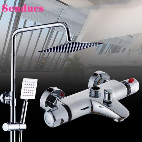 Senducs Thermostatic Bathroom Shower Set of Double Handle Thermostatic Bathroom Mixer Tap Wall Mounted Chrome Shower System