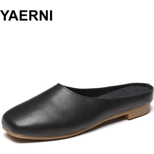 YAERNI Handmade Womens Slippers Genuine Leather Women Slides Summer Ladies Flat Shoes Solid Female Slip-On Flip Flops