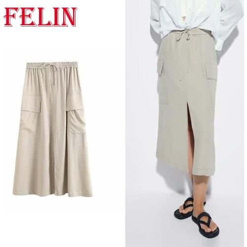 Fashion Women Skirt Za 2021 Summer Solid Elegand Styl Skirt Cotton linen Slit Lace-up Oversized Pocket Mid Mujer Moda