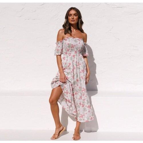 Women Sexy Backless Off Shoulder Chest wrapping Long Dress Summer Elegant Floral Print Ruffled Holiday Robe Maxi Vestidos Mujer