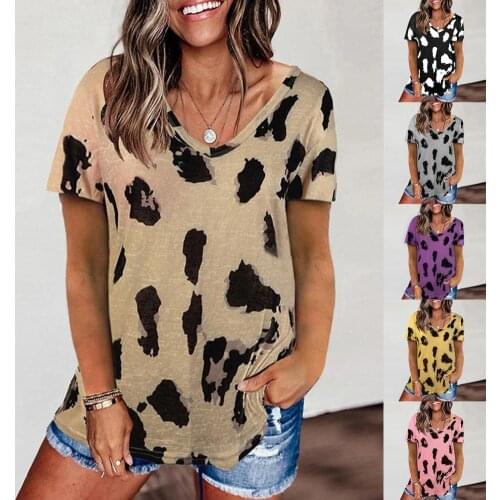 Women T-Shirts 2021 Summer Colorful Soft Round Collar Short Sleeve Shirt Ladies Casual Loose Leopard Print Slim Pullovers Tops