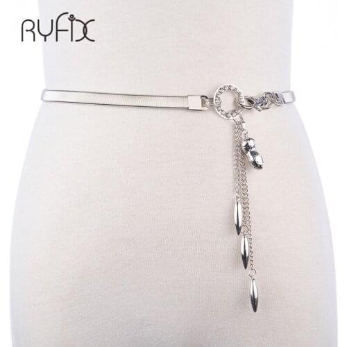 Women Elastic Metal Chain Buckle Elastic Waist Golden dress Thin belt Waist Belt Gold with key Waterdrop tassel For Dress BL267
