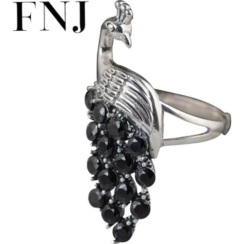 FNJ 925 Silver Rings Animal Peacock Adjustable Size 100% Original S925 Solid Silver Ring for Women Jewelry Fine Black Zircon
