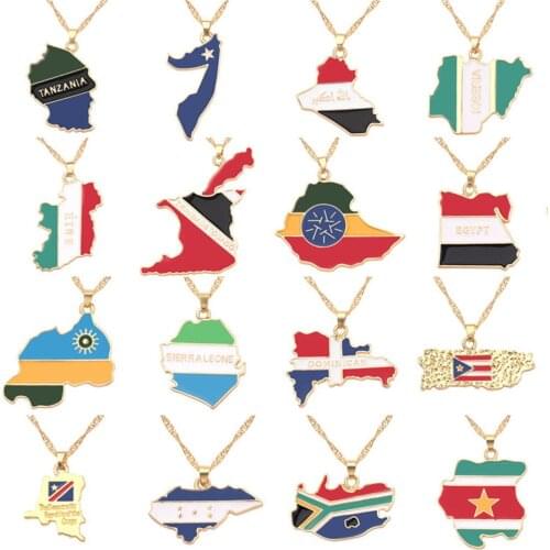 10 pcs National Flag Choker Necklace Women Enamel Jewelry Gold Map Pendant Chains Long Charm Bijoux Femme Collier Wholesale