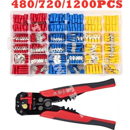 480/1200PCS Assorted Spade Terminals Insulated Cable Connector Electrical Wire Assorted Crimp Butt Ring Fork Ring Lugs + Plier