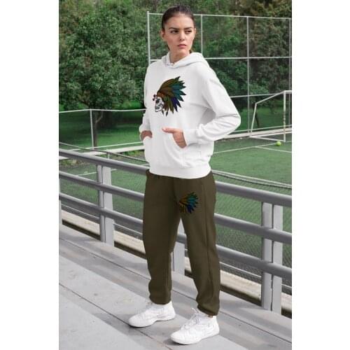 Angemiel Wear Feather Indian Crossbones Women Tracksuit Set White Hooded Sweatshirt Green Sweatpants