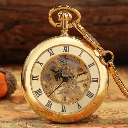 Smooth Gold Copper Manual Mechanical Pocket Watch Black Roman Numerals Open Face Antique Pendant Clock Snake Chain Timepiece