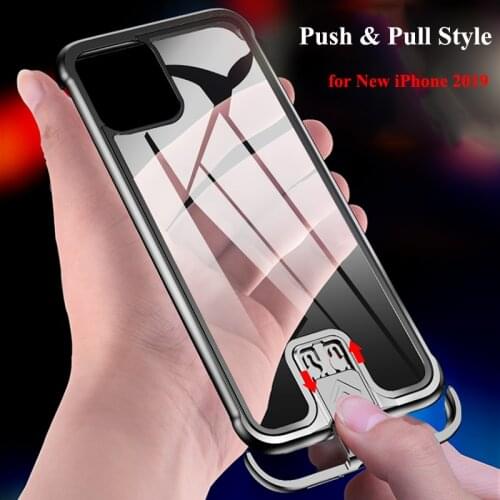 For iPhone 11 Pro Max 11Pro 2019 XS XR X Case Rimless Metal Bumper Transparent Tempered Glass Cover Pull Push Style Casing Funda