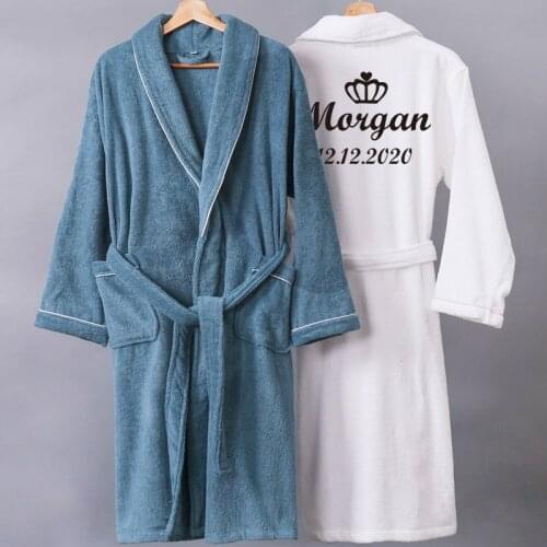 Customize Nama Date Women Men Warm Dobby Cotton Bathrobe Thermal Kimono Dressing Gown Bride Peignoir