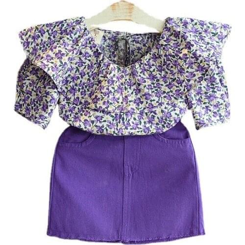 Girl Set Summer Kid Clothes Korean Fashion Flower Lotus Leaf Collar Shirt&skirt Little Girls Clothing Set Purple Children Outfit
