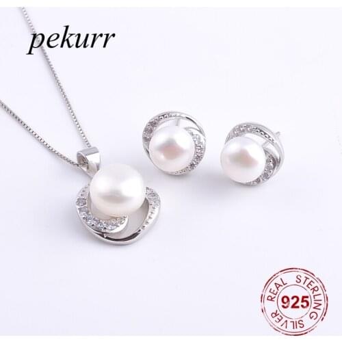 Pekurr 925 Sterling Silver Ryphoon Zircon Round Freshwater Natural Pearl Earrings Necklace Sets For Women Pendants Jewelry Set