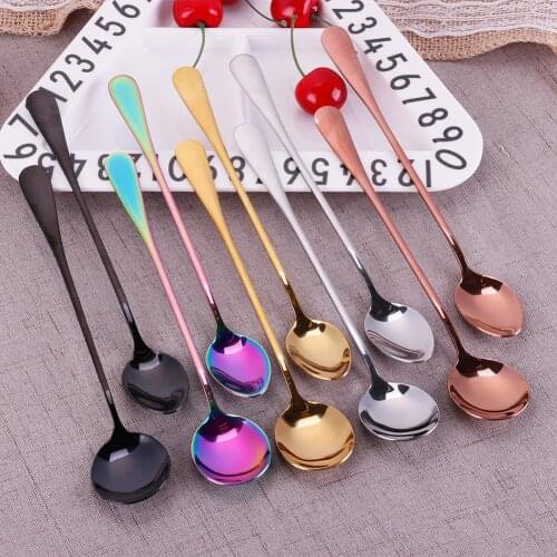 Durable 10 Colors Stainless Steel Spoon With Long Handle Ice Spoon Coffee Spoon Tea Home Kitchen Tableware Spoons Size 19.5 CM