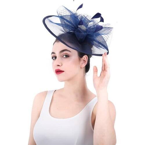 Western Style Fashion Simple Bridal Big Hat Mesh Feather Beading Flower Headpiece Wedding Banquet Horse Racing Festival Headgear