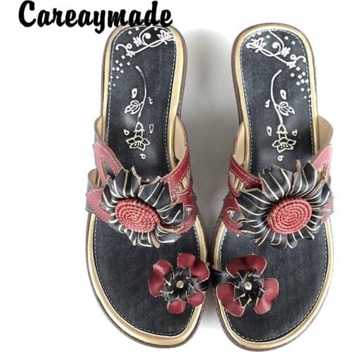 Careaymade-New summer soft bottom Leather Flip Flops comfortable folk style hand-painted color flowers anti-skid slippers