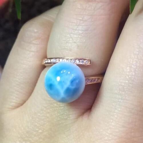 Genuine Natural Blue larimar Gems Stone Adjustable Size Fashion Woman Lady Ring 10mm AAAAA