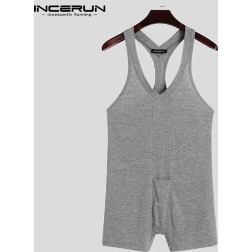 Men Pajamas Rompers Solid Fitness Sleeveless Tank Tops Bodysuit Homewear Leisure Cozy V Neck Jumpsuits Mens Sleepwear INCERUN