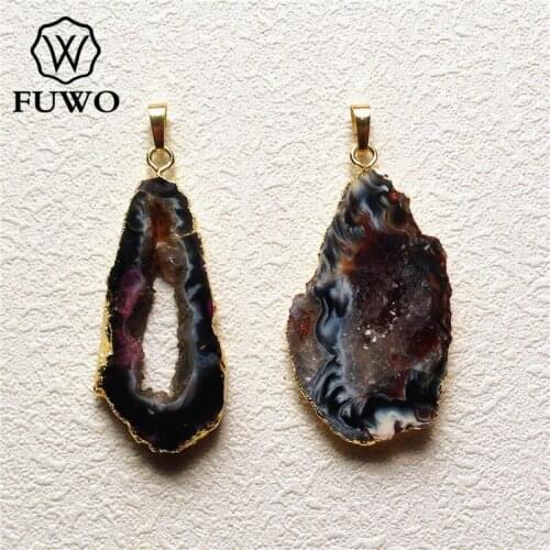 FUWO Druzy Geode Slice Pendant 24k Gold Electroplate Edge Polished Black Gray Drusy Crystal Gem Stone Charm Jewelry PD129