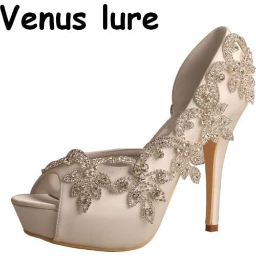Customized Crystal Wedding Shoes Platform Peep Toe Bridal High Heels 12CM