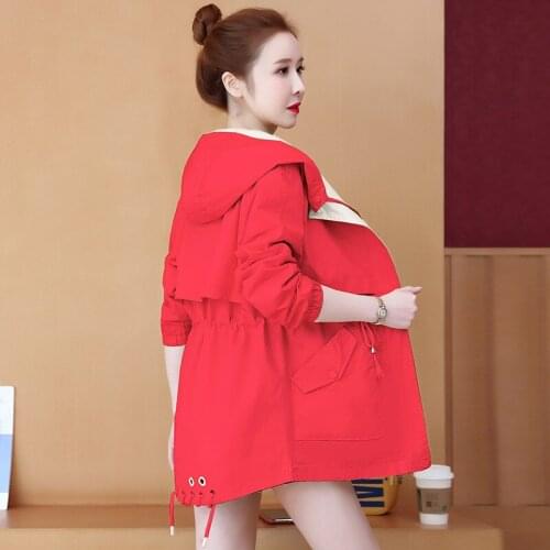 Women Windbreaker Spring Autumn Fashion Korean Slim Mid-Length Hooded Plus Size Loose Female Short Trench Coat Clothing H1288