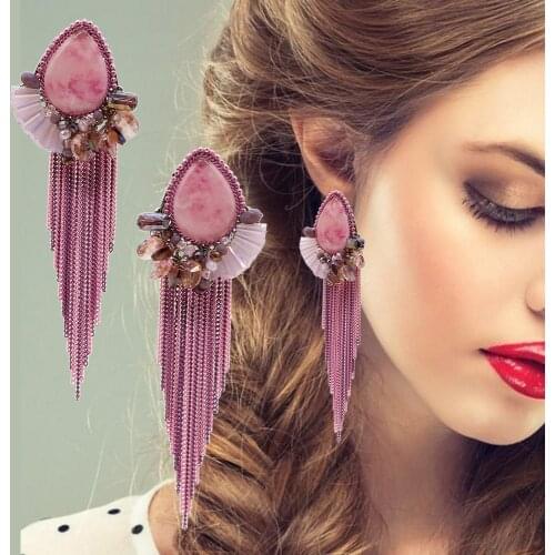 Bohemian Hand-woven Crystal Resin With chain long tassel earrings for women statement boho fringe earrings fashion jewelry 2020