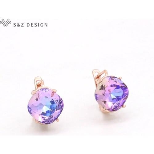 S&Z DESIGN Europe America Vintage Elegant Temperament Square Crystal Dangle Earrings 585 Rose Gold For Women Wedding Jewelry