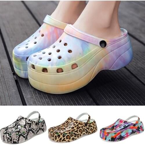 Summer Hot Ladies Shoes Hole Slippers High Heel Sandals Zapatos Mujer Snake Print Heels For Womens Fashion Outdoor Beach Slides