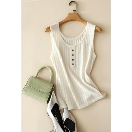 Knitted 100% cashmere round neck buttons sleeveless ribbed knit sweater vest for women