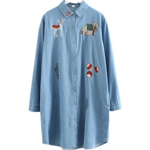 Merry Pretty Japan style denim dress women deer embroidery long sleeve jeans shirts dress 2018 autumn winter blazer blouse dress