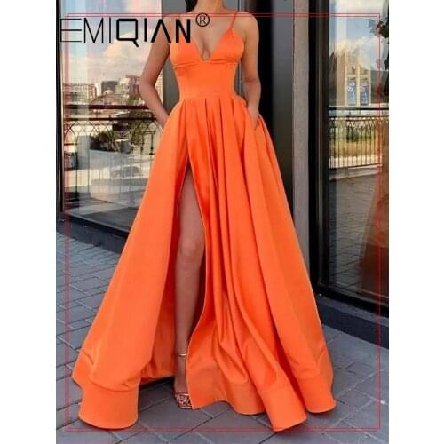 Women Prom Dresses Simple High Split Formal Evening Gowns With Pockets Spaghetti Straps Vestidos Long robe de soiree