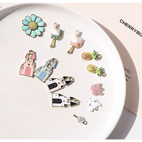 10pc Cute Cartoon Alloy Drip Pendant Pineapple Cat Castle Earrings For Women Ear Material Diy Handmade Jewelry Stud Accessories