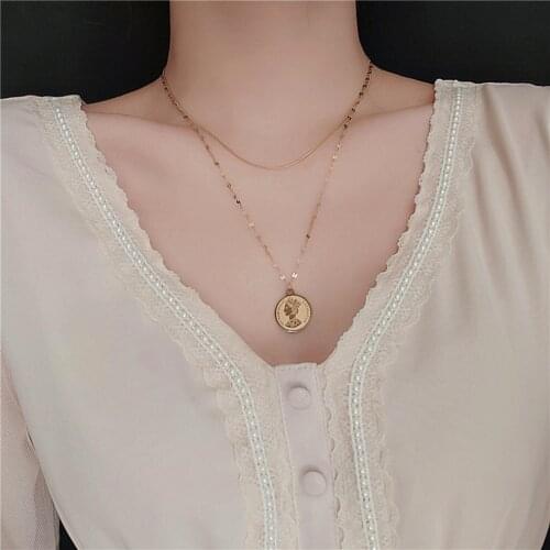 316L Stainless Steel New Fashion Upscale Jewelry 2 Layer Gold Color Queen Coin Charms Chain Choker Necklaces Pendants For Women