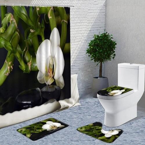 Zen Rich Bamboo Black Stone White Flower Shower Curtains 4 Pieces Set Bath Mats Rugs Bathroom Toilet Decoration Carpet Doormat