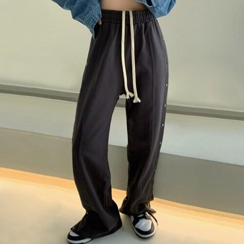 Women Button Trousers Tether High Waist Vintage Elastic Waist Casual Wide Leg Pants Hip Hop 2021 Summer New Joggers Sweatpants