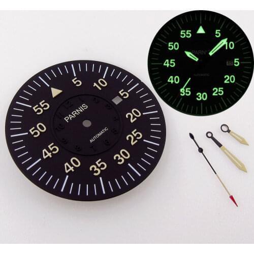 38mm Black Watch Dial+Hands Parnis Brand Date Window For Miyota 8215 821A 8205 Mingzhu/DG 2813 Movement