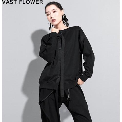 Black Ribbon Button Patchwork T-Shirt Women New Round Neck Long Sleeve Fashion Loose Casual Tops Clothes 2021 Spring Autumn