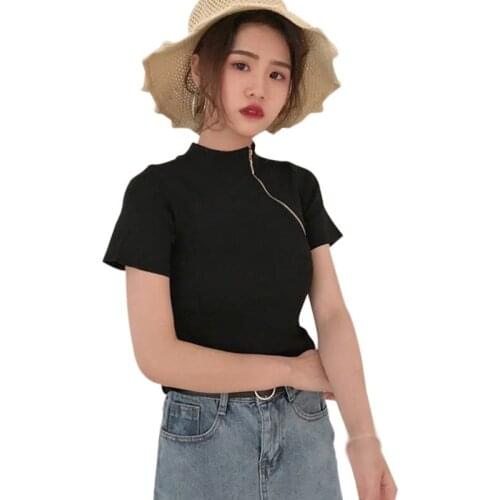 Summer Casual Black White T Shirt Women Korean Style Short Sleeve Tee Shirts Zipper Slim Tops