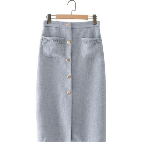 Fashion Frayed Trims Pockets Tweed Midi Skirt Vintage High Waist Back Zipper Female Skirts